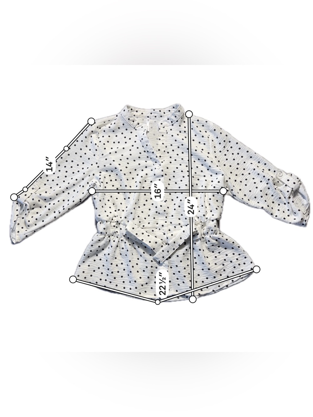 3rd & Malt Women’s Polka Dot Belted Blouse Size M White Black Roll Tab Sleeve - Picture 5 of 7